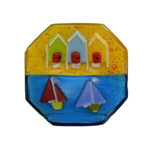 Hazel Millington Fused Glass Beach Scene Plate  Sailboats with Stand